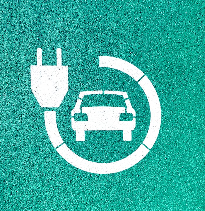 White electric vehicle charging symbol on textured green asphalt background.
